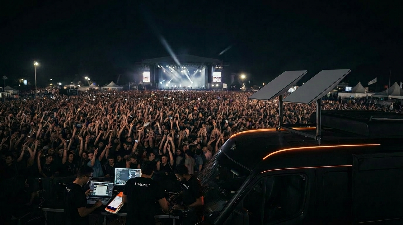 Festival nocturno operado por ZPOS con unidad móvil Starlink en el recinto
